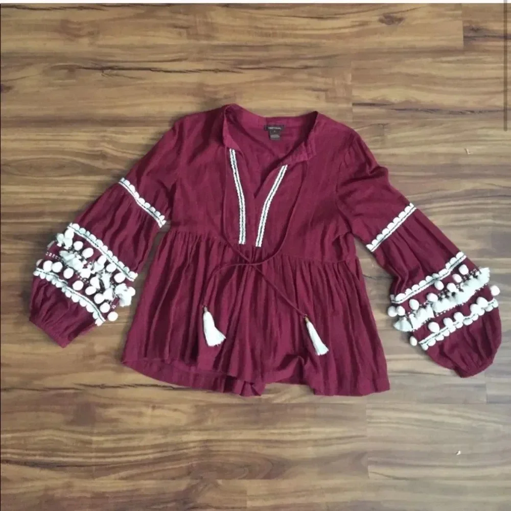 Anthropologie Burgundy Peasant Blouse with White Tassels